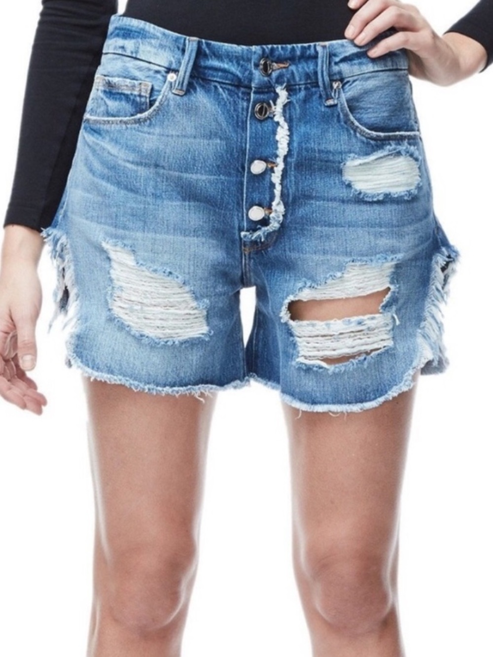 Good American Bombshell Light Blue Distressed Button-Front Denim Shorts